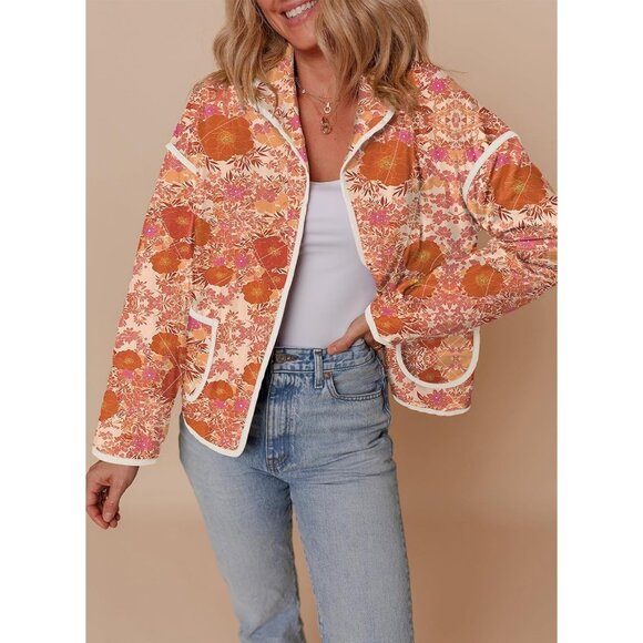 Women's Floral Quilted Jackets Cropped Button Down Padded Puffer Jacket Orange - Picture 2 of 5